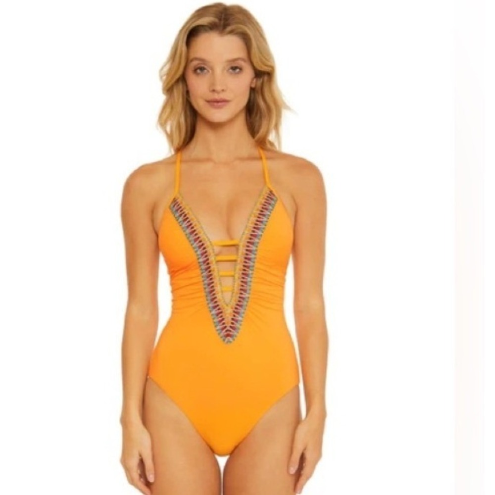 BECCA Fiesta Clare Plunge Embroidered  Pool Vacation Resort One Piece Swimsuit S